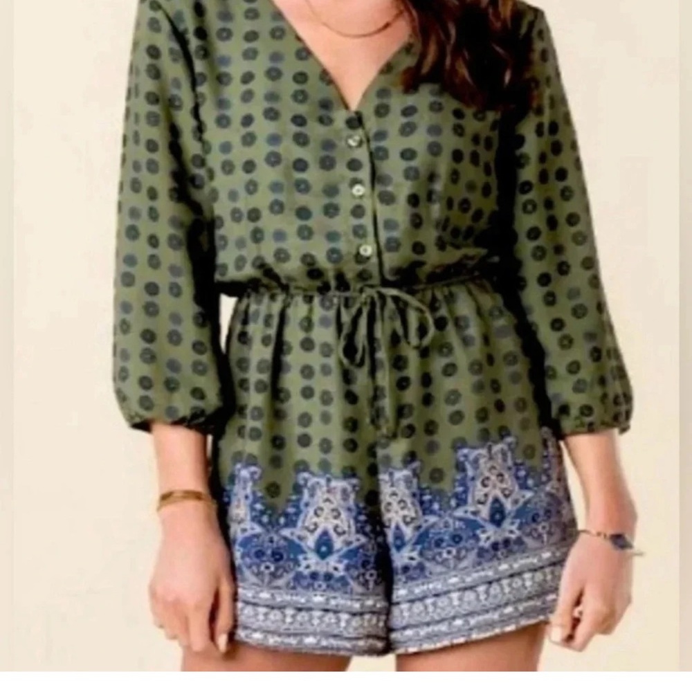 Alya olive green and navy geometric floral medallion boutique romper medium